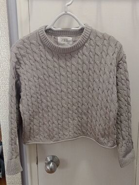 Zara Cable Knit Cropped Crewneck Sweater in Light Gray